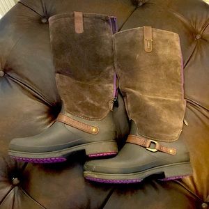 Crocs suede upper Rubber boots. Brown. With purple interior. Very durable!